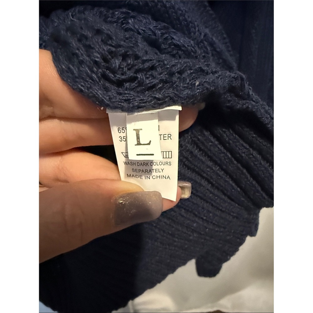 Navy Blue Cable Knit Mock Neck Balloon Sleeve Sweater Large Cotton Blend - Picture 2 of 6